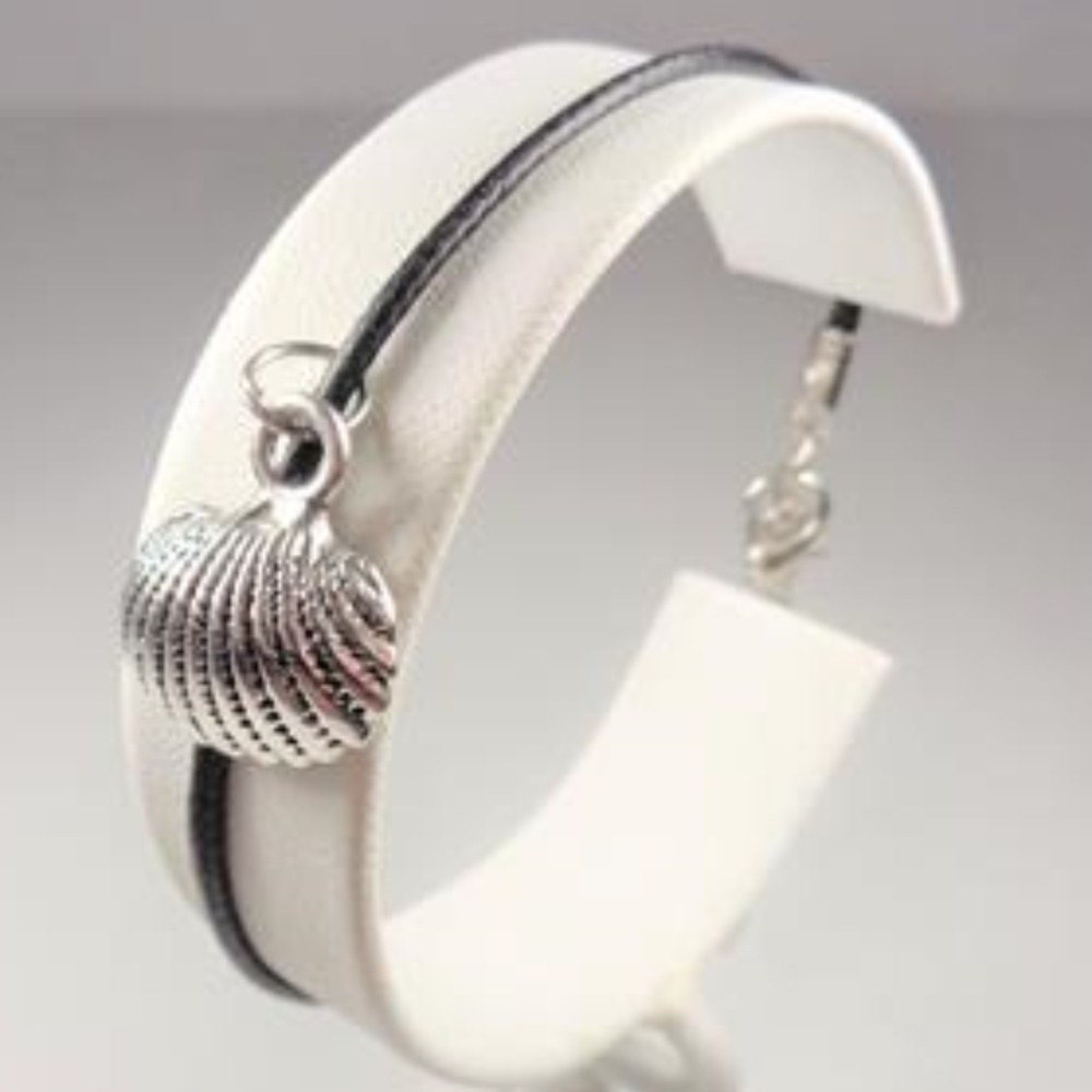 NAUTICAL SEA SHELL BLACK LEATHER SEA LIFE BRACELET